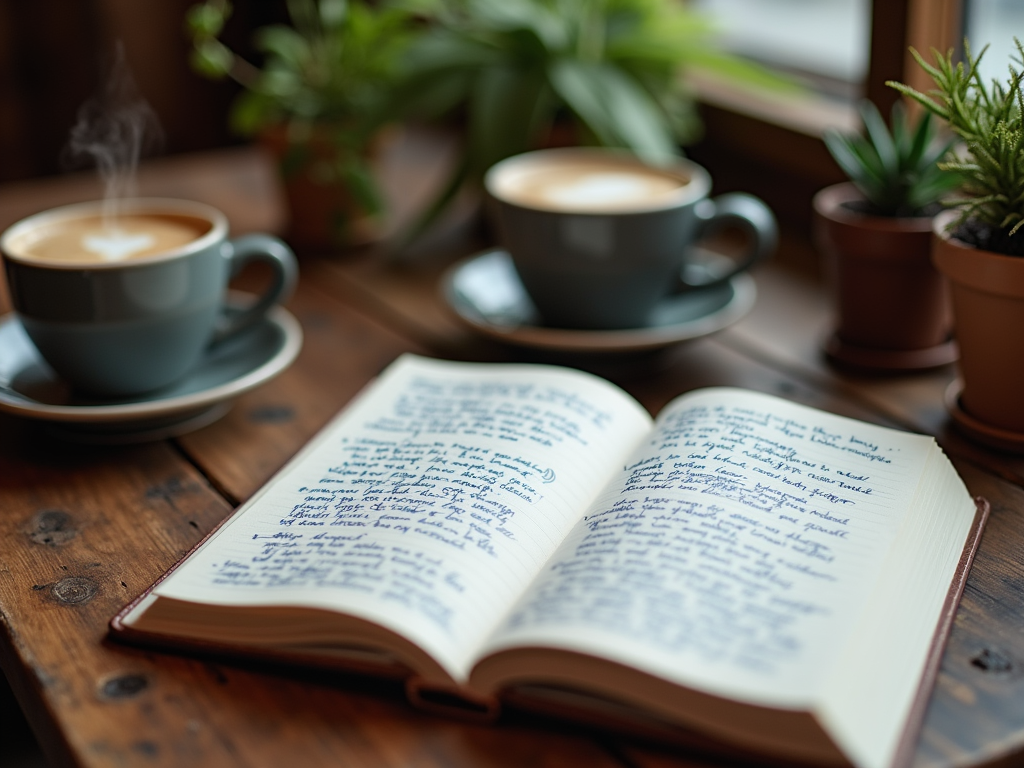 An open notebook with handwritten notes, two coffee cups, and small plants on a wooden table.