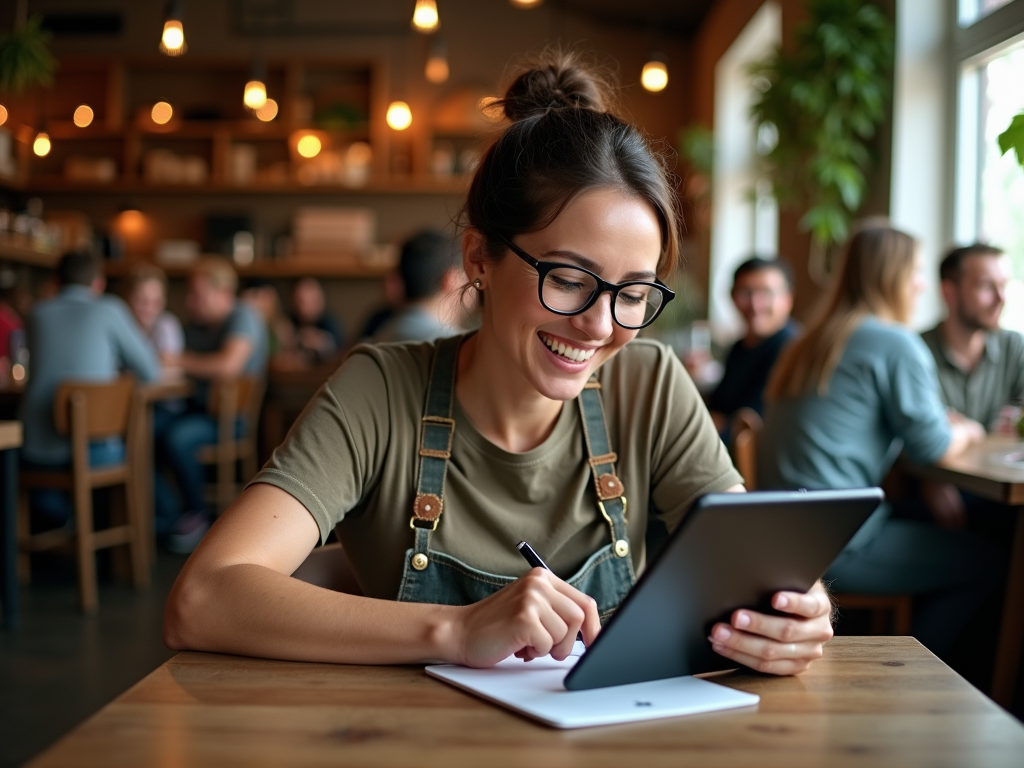 Happy young woman in glasses using tablet and writing in notebook at a busy cafe.