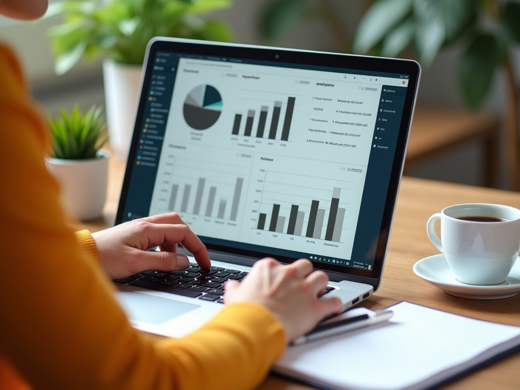 Person analyzing financial data charts on laptop with coffee cup beside.