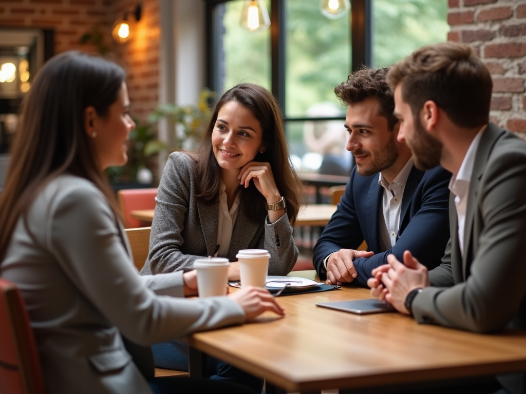 Four professionals engaged in a friendly discussion at a cafe table, with coffee cups present.