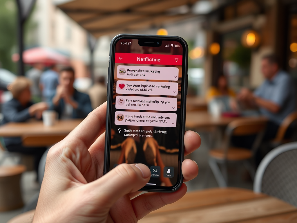 A hand holding a smartphone displaying a social media app with marketing notifications in a café setting.