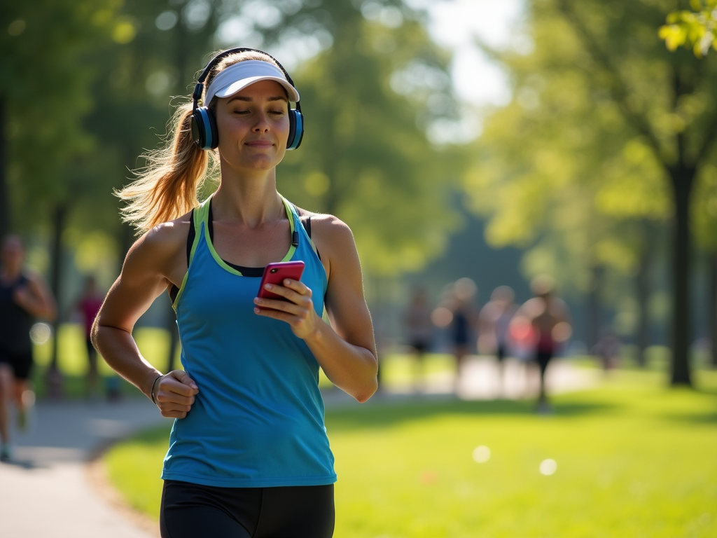 Woman jogging in park with headphones and smartphone, sunny day.