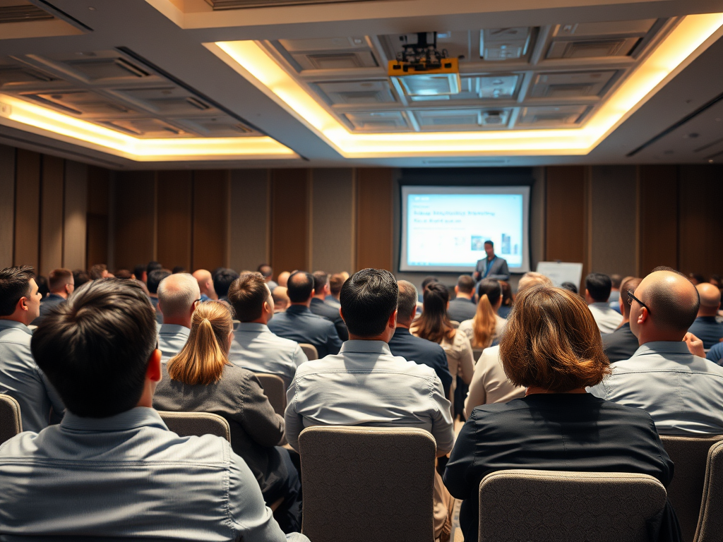 A conference room filled with attendees watching a speaker present information on a screen.