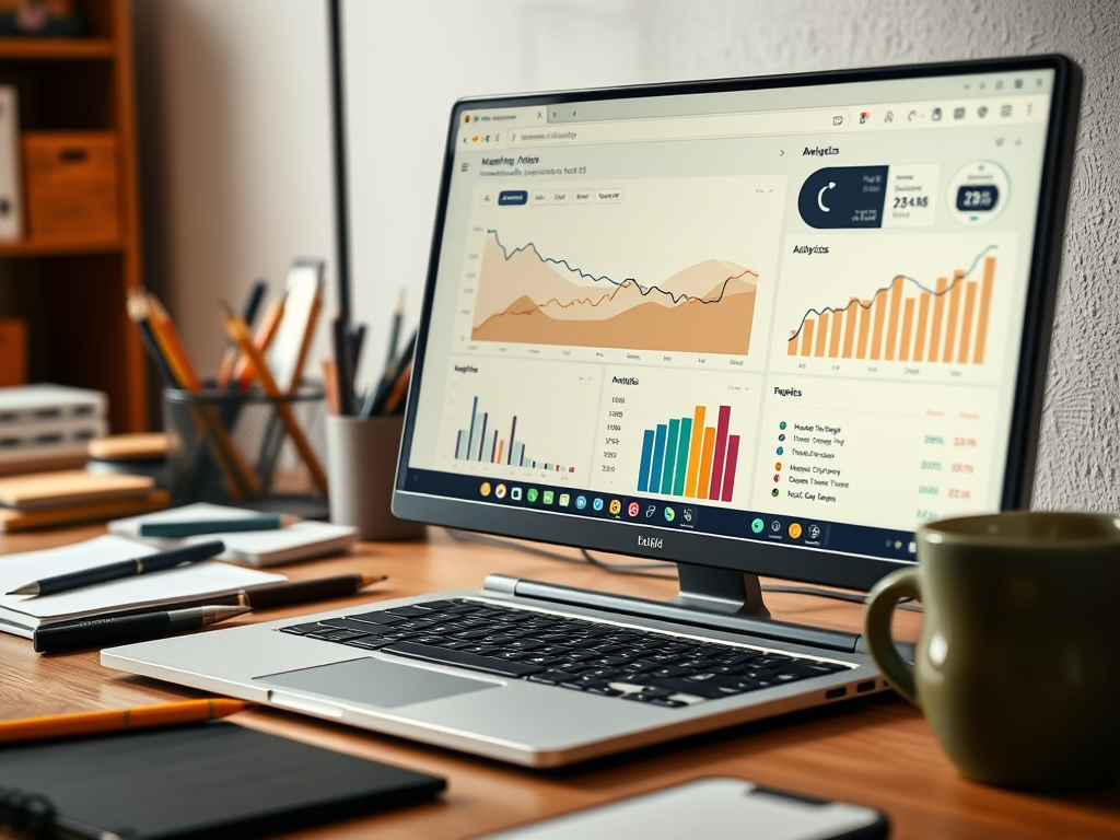 A laptop on a wooden desk displays analytics graphs and charts, surrounded by stationery and a coffee mug.