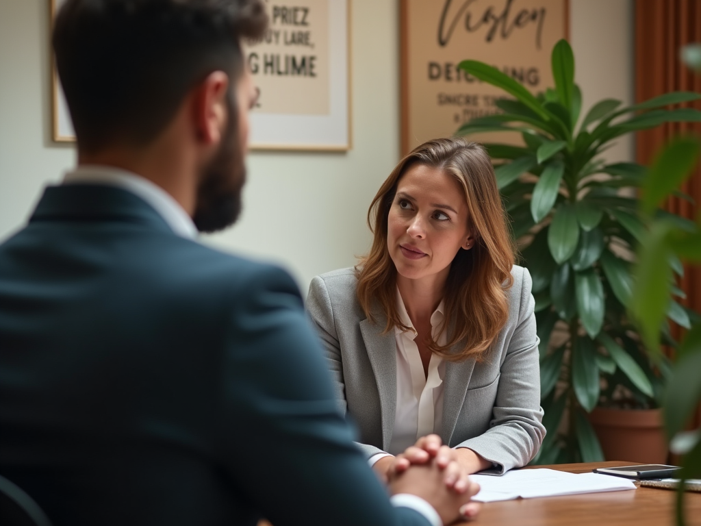 Two professionals in a serious business meeting in a well-decorated office space.