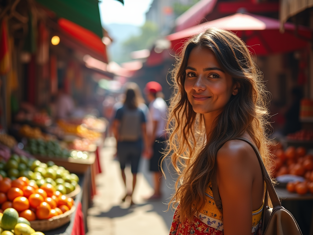 Young woman smiling at colorful marketplace with fruits in soft focus background.