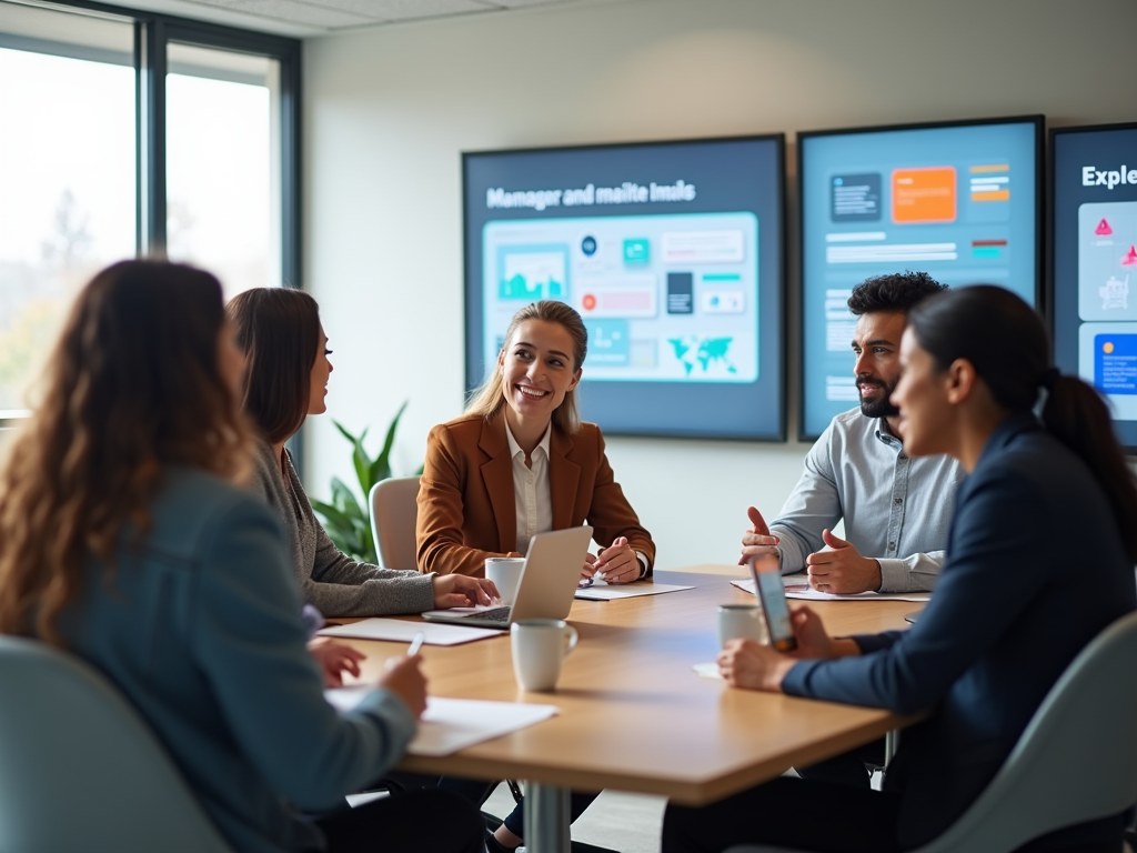 A group of five professionals engage in a meeting, discussing ideas around a conference table.