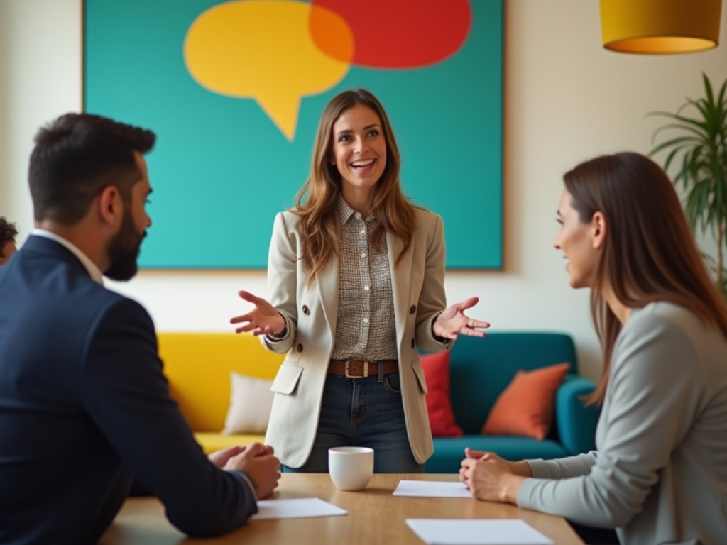 Woman standing and speaking at a meeting with two other participants in a colorful office setting.