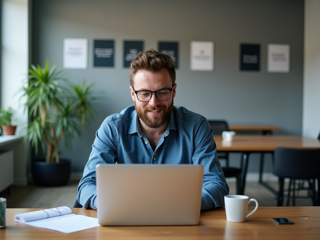 Man with glasses smiling while working on laptop in modern office space.