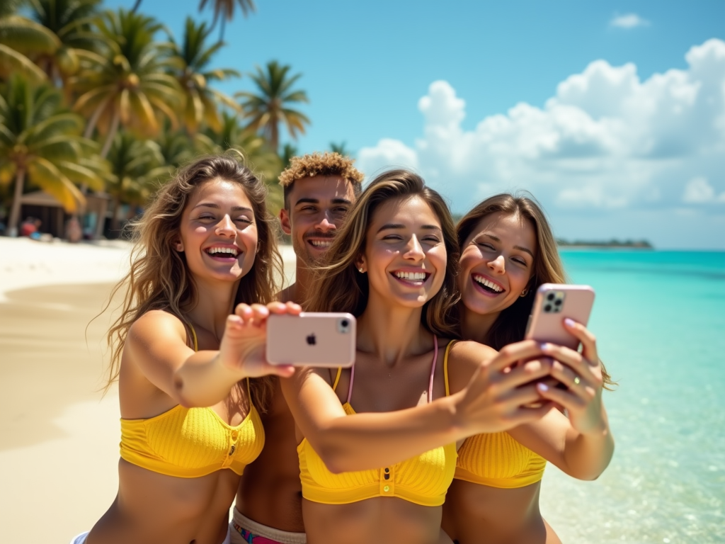 Four friends taking a selfie on a sunny beach with palm trees in the background.