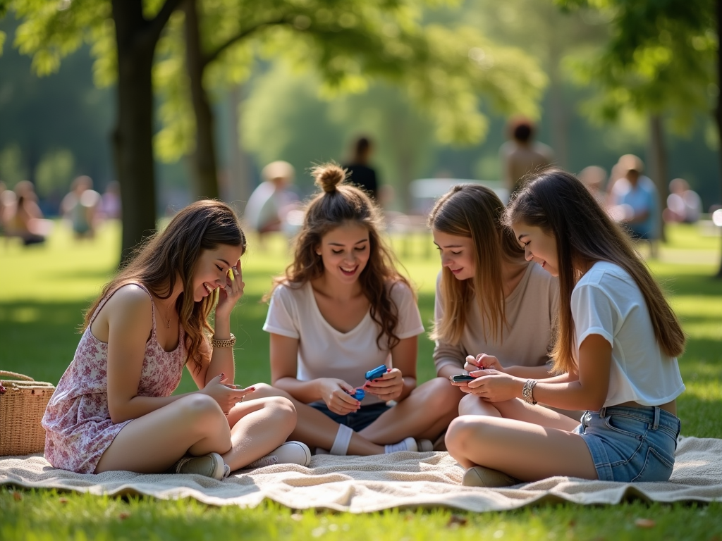 Four young women sit on a blanket in a park, happily engaging with their smartphones on a sunny day.