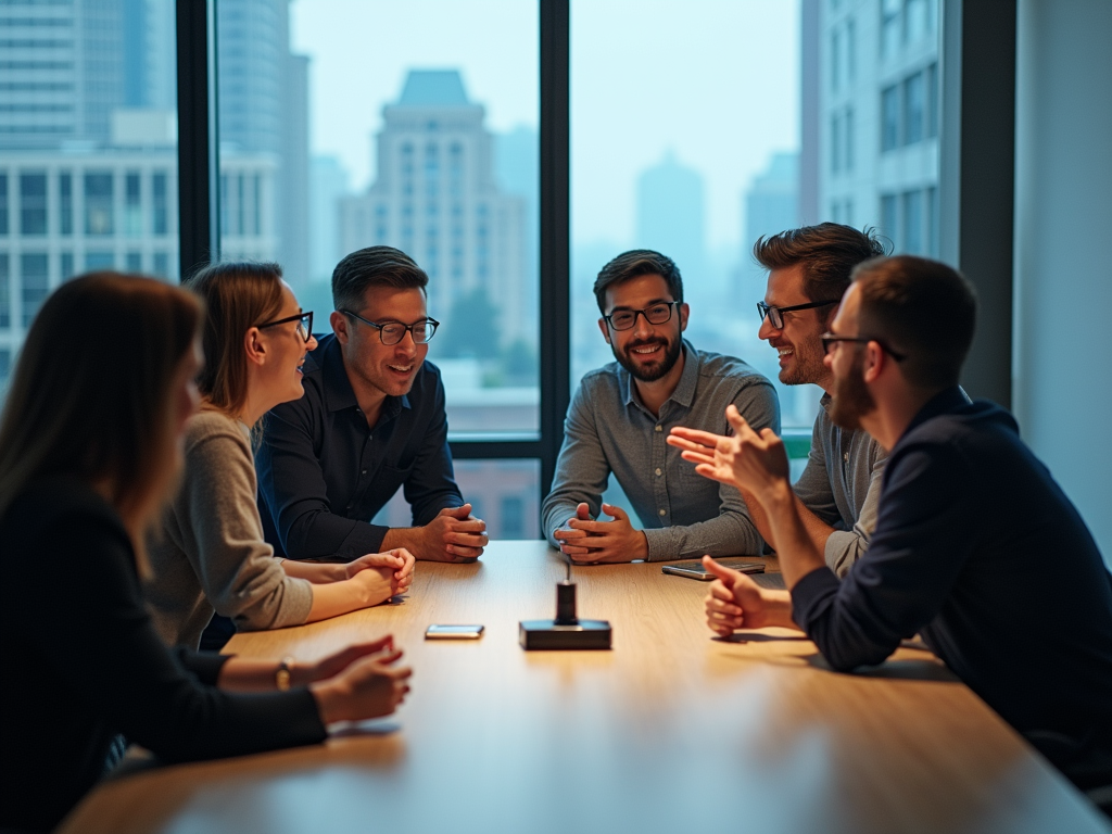 Six professionals engaging in a lively discussion around a conference table, with cityscape visible in the background.