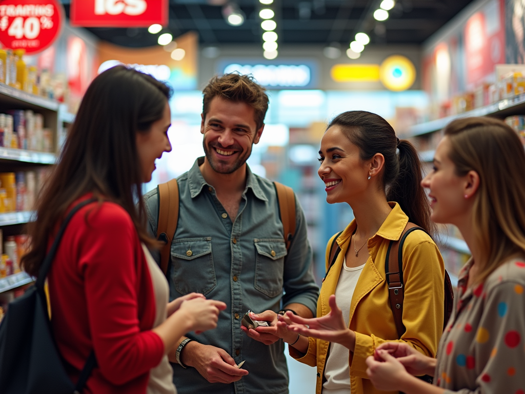 Four friends chatting happily in a brightly lit supermarket aisle.