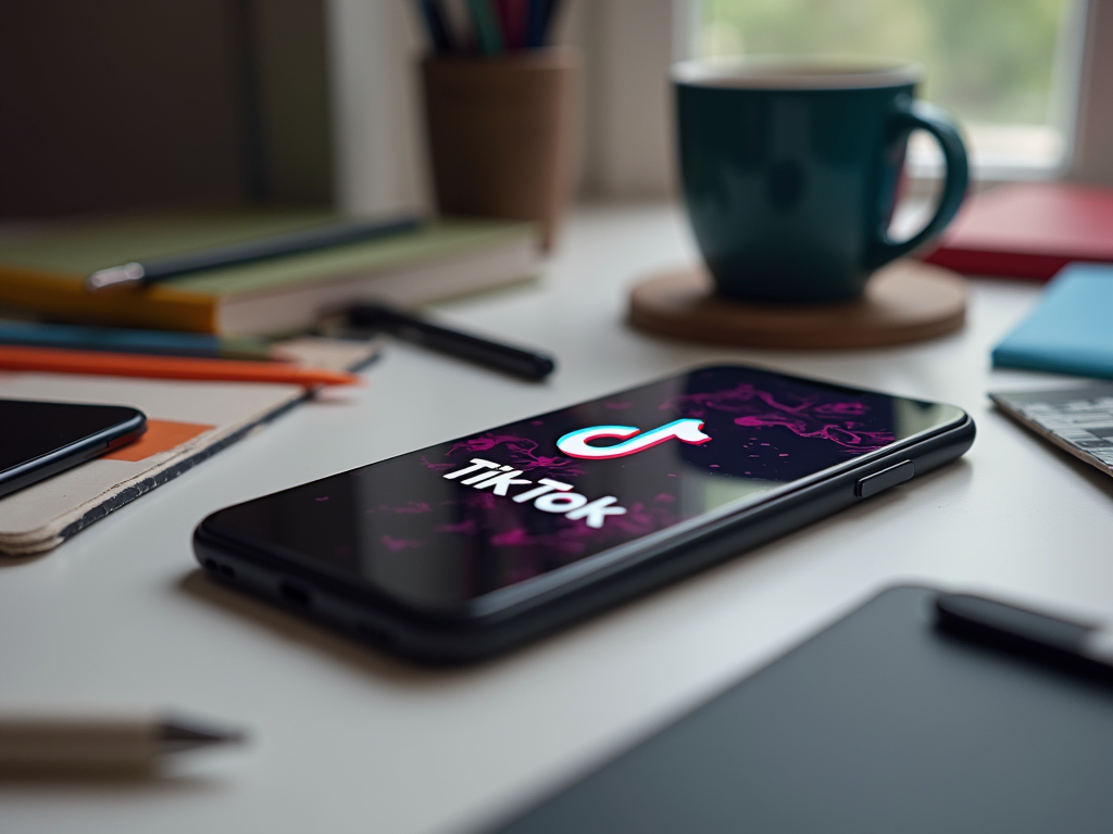 A smartphone displaying the TikTok logo is surrounded by stationery and a coffee cup on a desk.