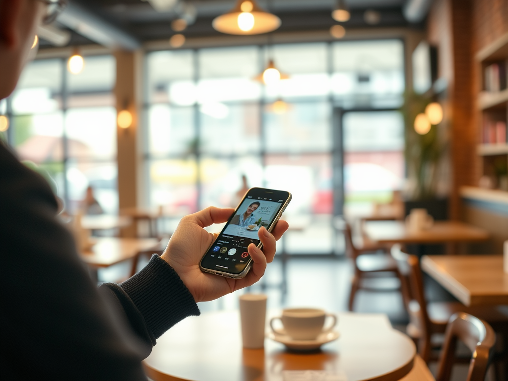 A person holding a smartphone in a café, with a coffee cup and a view of the interior in the background.