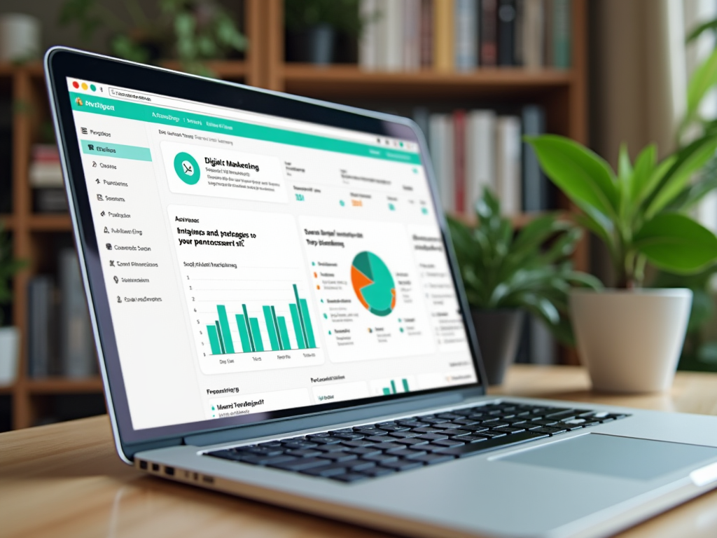 Laptop on desk displaying digital marketing analytics with charts and data, in a plant-decorated room.