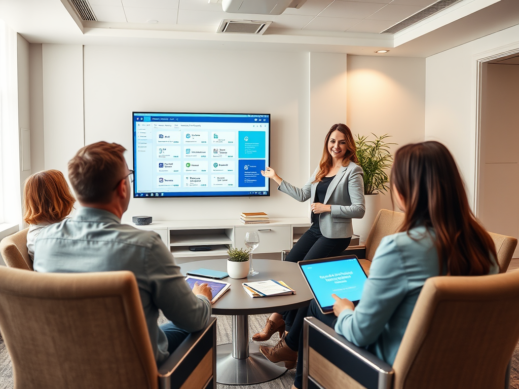 A woman presents to a group in a modern meeting room, showcasing information on a screen while others engage.