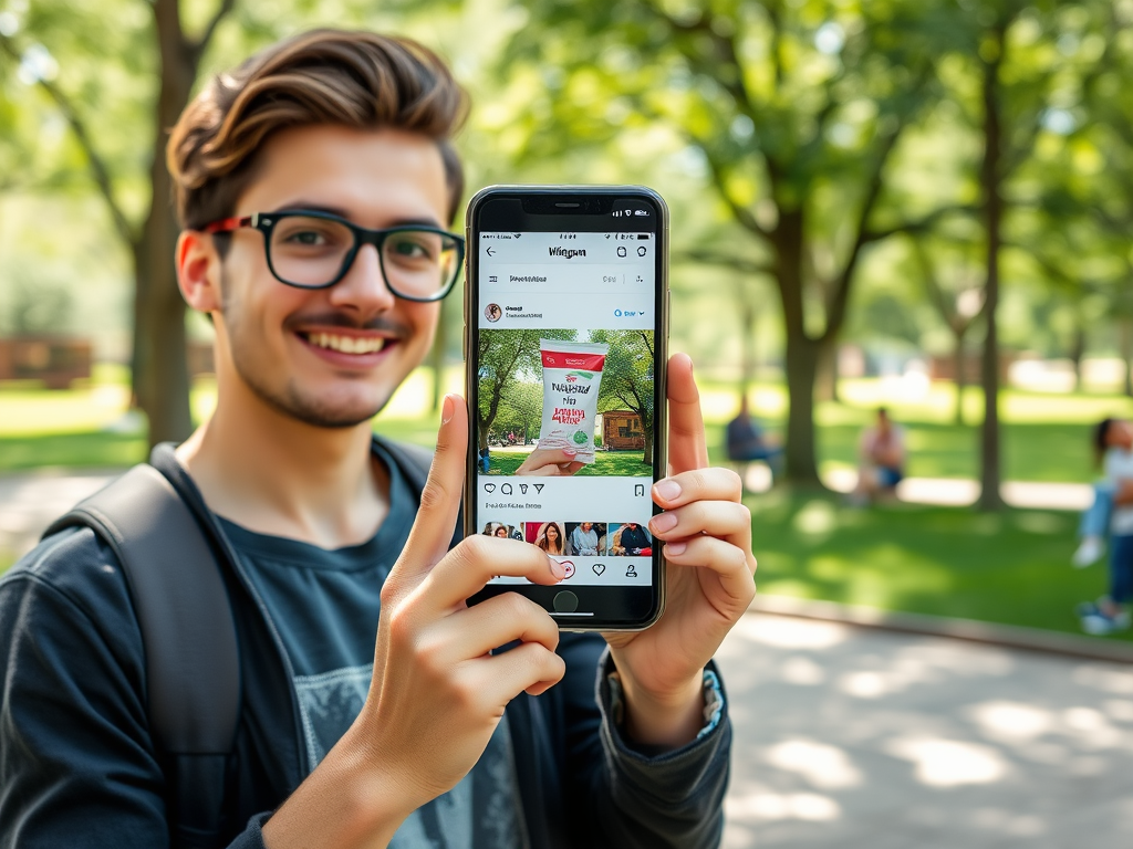 A young man smiles while holding a phone displaying an Instagram post in a sunny park setting. Trees are in the background.