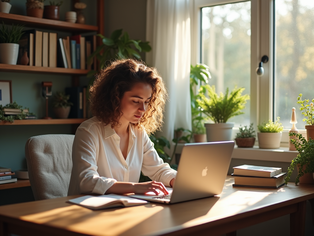 Woman working on laptop in a sunny, plant-filled home office.