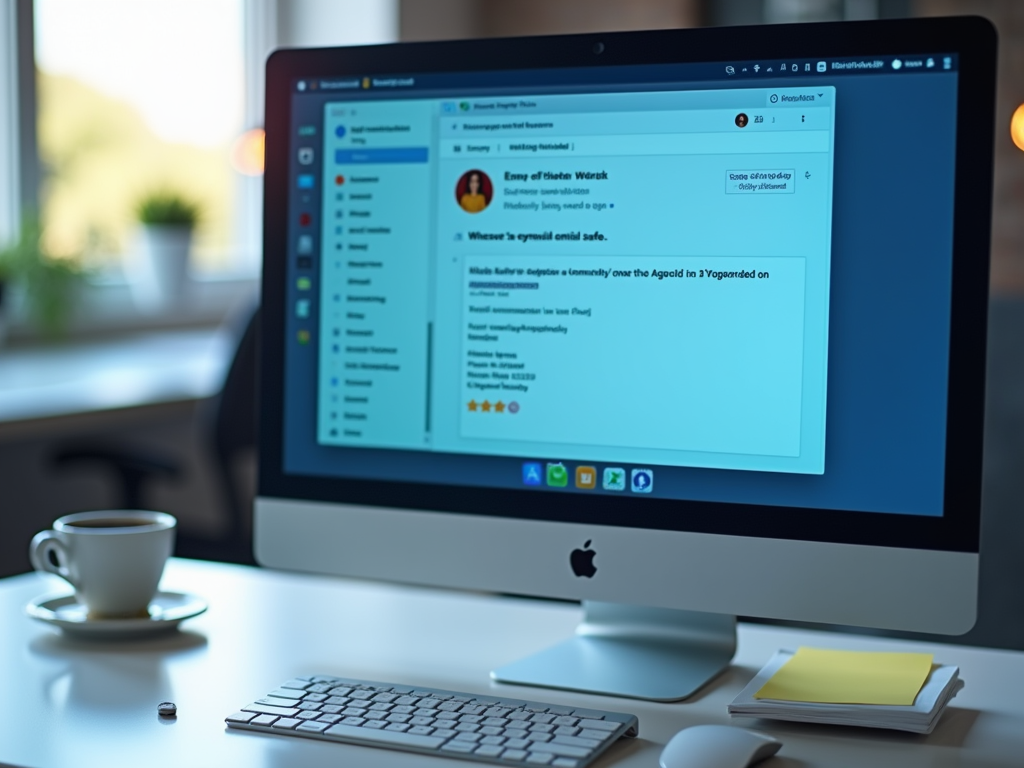 A desktop computer displays an email interface alongside a coffee cup and stationery on a desk.