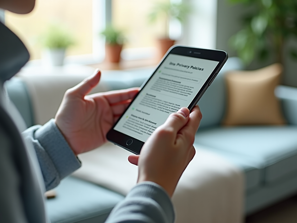 Person reading privacy policies on a smartphone in a cozy living room setting.