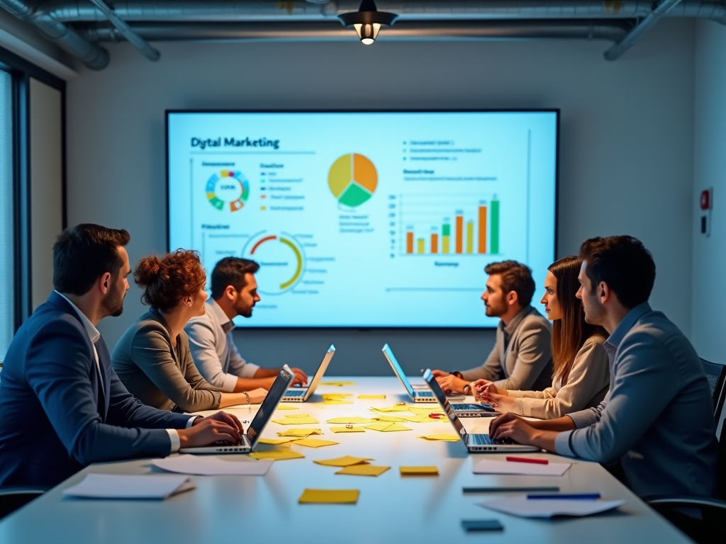 Team of professionals in a meeting looking at digital marketing data on a presentation screen.