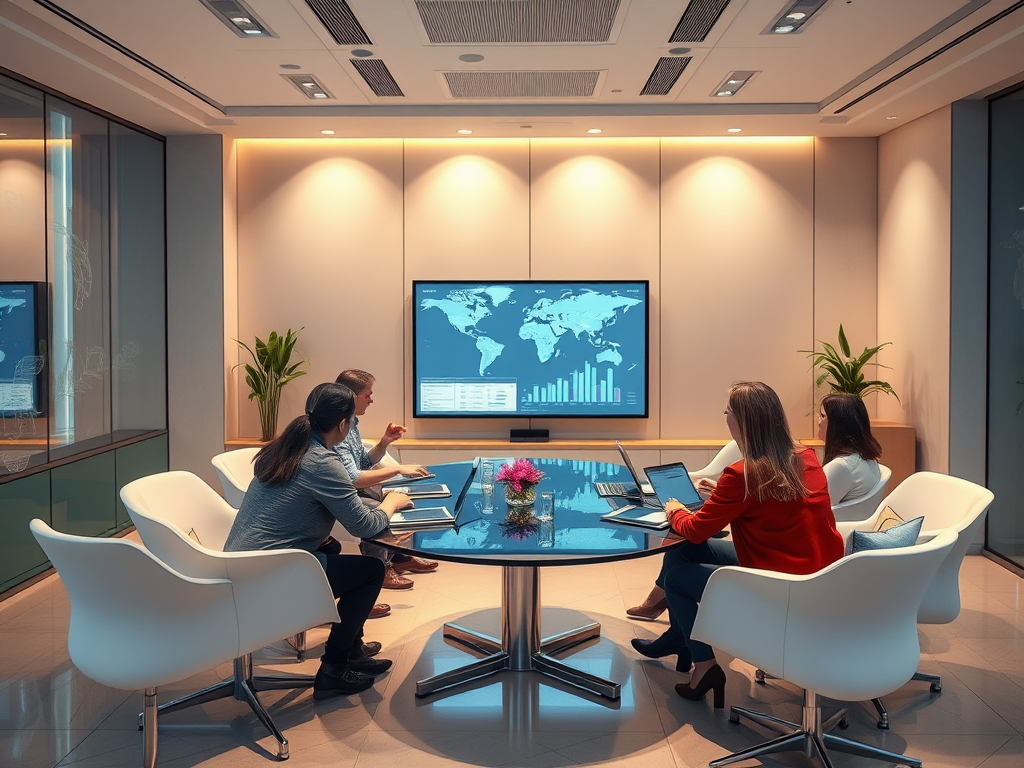 A group of five professionals in a modern meeting room, discussing data displayed on a large screen.