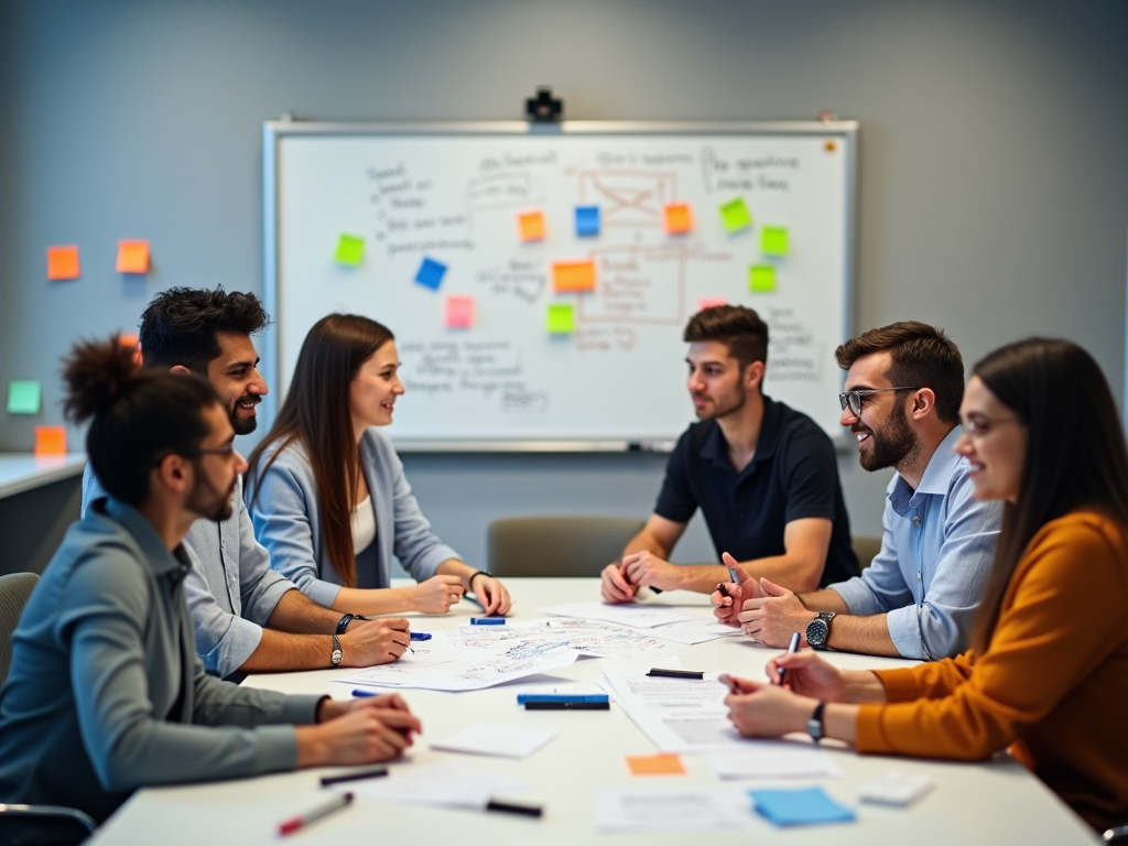 A group of six professionals collaboratively discussing strategies around a conference table with a whiteboard.