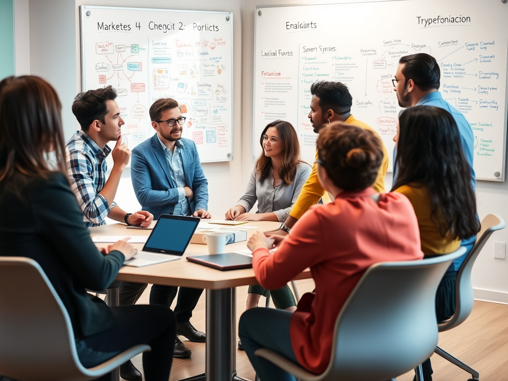 A diverse team discusses ideas in a conference room, surrounded by whiteboards filled with notes and diagrams.