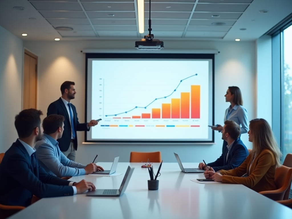 Business presentation with a man discussing a graph to colleagues in a conference room.