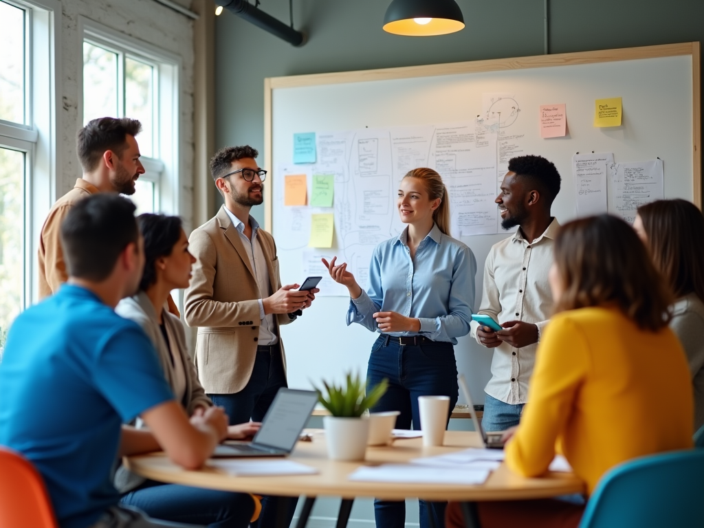 A group of professionals discussing ideas in a bright meeting room with notes on the wall and a round table.