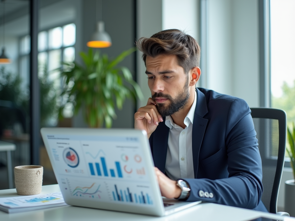 Businessman analyzing financial data on his laptop in a modern office.