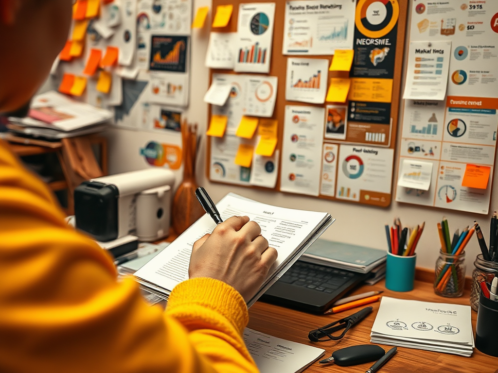 A person in a yellow sweater takes notes while sitting at a desk filled with documents, charts, and office supplies.