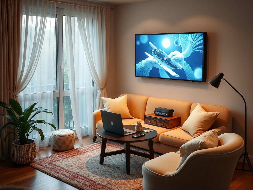 A cozy living room featuring a TV, sofa, laptop, and plant by the window with sheer curtains. Soft lighting creates warmth.