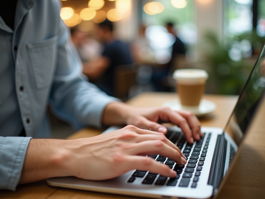 A person types on a laptop in a café, with a coffee cup nearby, surrounded by a warm, busy atmosphere.